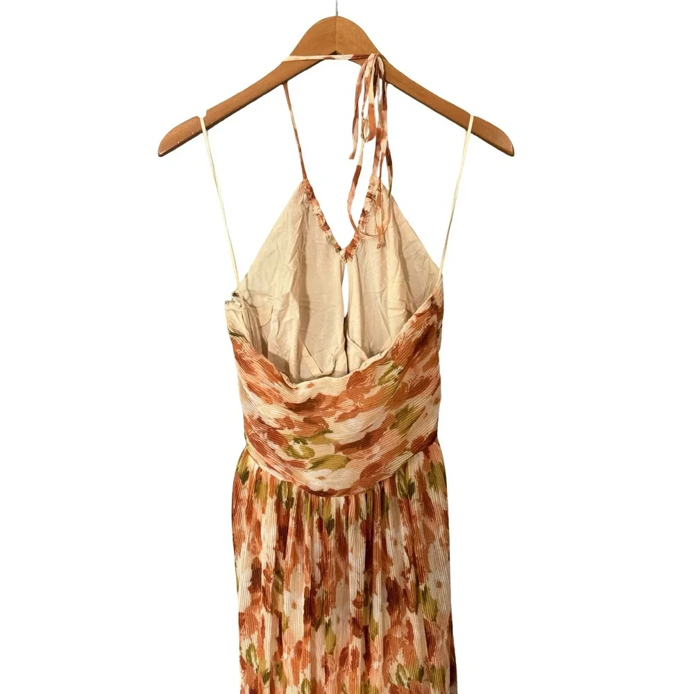 Abercrombie & Fitch Pleated Floral Halter Maxi Dress Size MT Orange Brown
